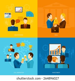 Partnership design concept set with negotiations deal collaboration investment flat icons isolated vector illustration