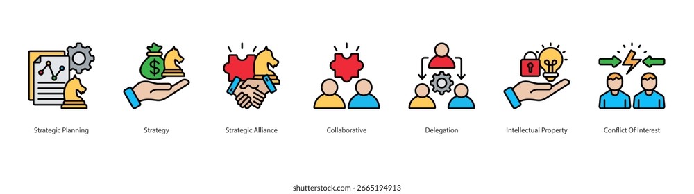 Conjunto de íconos de planificación estratégica, estrategia, alianza estratégica, colaboración, delegación, Propiedad intelectual, conflicto de intereses