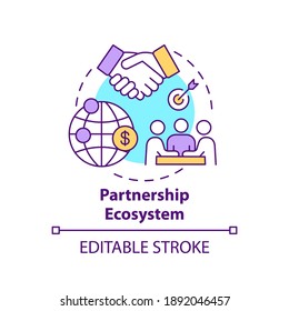 Partnership Ecosystem Concept Icon. Digital Consulting Component Idea Thin Line Illustration. Company Distribution Strategy. Collaboration. Vector Isolated Outline RGB Color Drawing. Editable Stroke