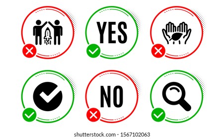 Partnership, Fair trade and Verify icons simple set. Yes no check box. Search sign. Business startup, Safe nature, Selected choice. Magnifying glass. Science set. Partnership icon. Check mark. Vector
