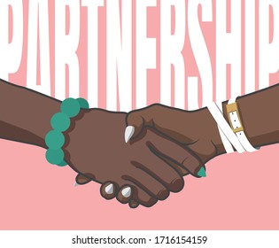 Partnership. Female handshake. Vector hands with bracelets and painted nails. Positive mood