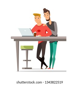 Partnership flat color vector illustration. Two caucasian guys working together. Business partners, partnership. Good job recognition. Gays, friends cartoon characters. Isolated design element