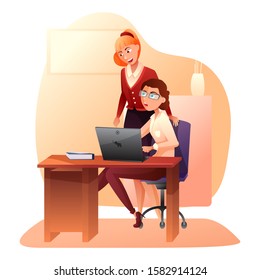 Partnership flat color vector illustration. Two caucasian girls working together. Business partners, partnership. Good job recognition. Women, friends cartoon characters. Isolated design element
