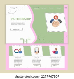 Plantilla del sitio web de la página de inicio plana de la asociación. Retención, responsabilidad, lealtad al cliente. Banner web con encabezado, contenido y pie de página. Ilustración vectorial.
