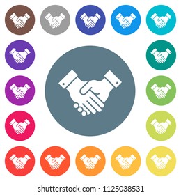 Partnership flat white icons on round color backgrounds. 17 background color variations are included.
