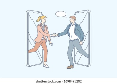 Partnership, Greeting, Business Meeting, Handshake, Transaction Concept. Young Businessman Woman Negotiate From Smartphones. Online Transaction. Offline Meeting. Making Deal Cooperation.