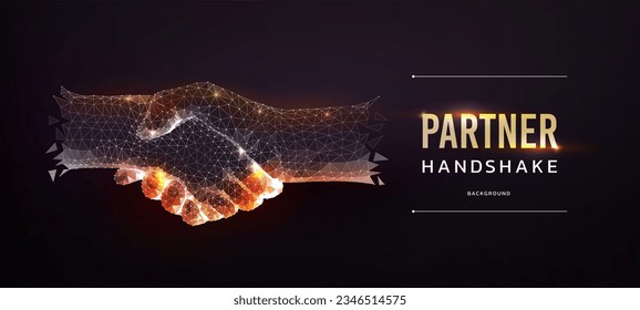 Partnership hand shake. Gold partner acquisition. Trust and cooperation. Digital business tech banner. 3D arms touch. Handshaking gesture. Glowing polygons. Vector abstract exact concept