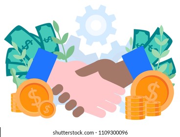 Partnership , hand shake, signing documents concept for web page, banner, presentation, social media, documents, cards, posters. Vector illustration, agreement of parties
