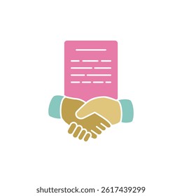 partnership handshake agreement with contract documents, simple flat style, illustration, logo sign symbol pictogram template, for ui or ux isolated on white for mobile app, editable