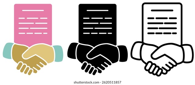 partnership handshake agreement with contract documents, simple flat style, illustration, logo sign symbol pictogram template, for ui or ux isolated on white for mobile app, editable