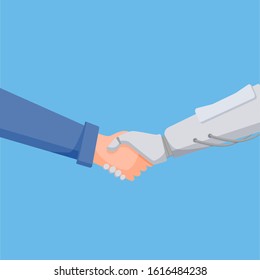 Partnership handshake of man and robot. Handshake on a blue background. The connection between the robot and the man.