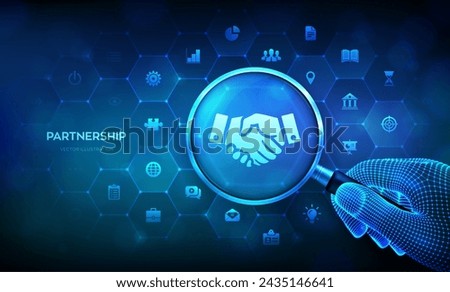 Partnership. Handshake. Teamwork technology concept with magnifier in wireframe hand and icons. Business partnership. Global cooperation network. Internet communication. Vector illustration.