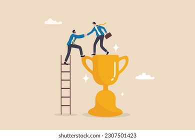 Partnership help success, support or mentor to assist to achieve goal and win together, teamwork, trust or leadership concept, businessman help colleagues to climb up ladder step on winning trophy.