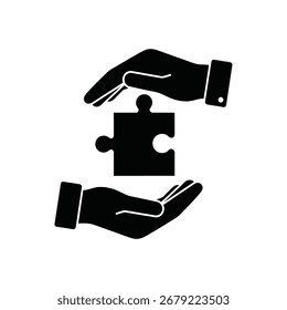 Partnerschaftssymbol mit Handaustausch eines Puzzleteils, das die Zusammenarbeit und Zusammenarbeit symbolisiert, und einer Geschäftsvereinbarung für eine erfolgreiche strategische Verbindung