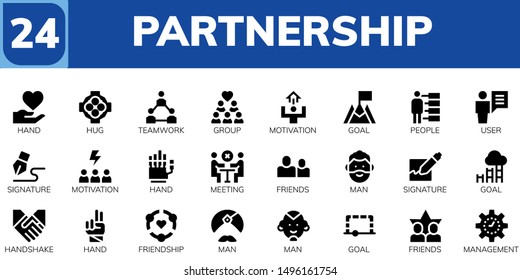 partnership icon set. 24 filled partnership icons.  Collection Of - Hand, Hug, Teamwork, Group, Motivation, Goal, People, User, Signature, Meeting, Friends, Man, Handshake, Friendship
