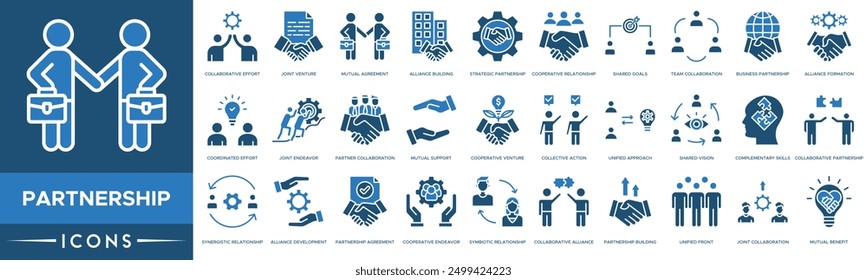 Partnership icon set. Collaborative Effort, Joint Venture, Mutual Agreement, Alliance Building, Strategic Partnership, Cooperative Relationship, Shared Goals and Team Collaboration