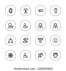 Partnership icon set. collection of 16 outline partnership icons with businesswoman, employee, friend, goal, hand, goals, hands, group, man, management, manager icons.