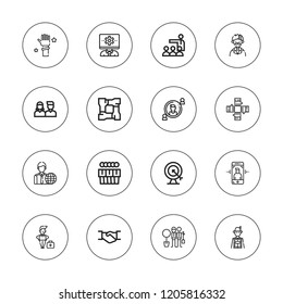 Partnership icon set. collection of 16 outline partnership icons with employee, goal, hand, handshake, meeting, friends, man, team, teamwork icons.