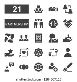 partnership icon set. Collection of 21 filled partnership icons included Signature, Add user, Help, Person, Friend, User, Friendship, Resources, Friends, Hand, Wanted, Unity, Handshake