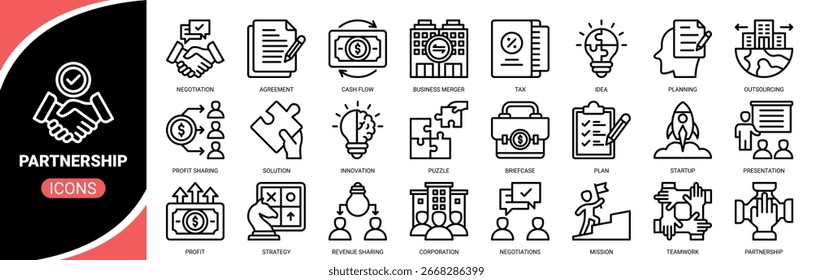 Partnerschaftssymbol-Set. Enthaltend Symbol von Planung, Strategie, Vereinbarung, Deal, Partnerschaft und mehr. Perfektes Pixel, Kollektion von Vektorsymbolen für Konturen.