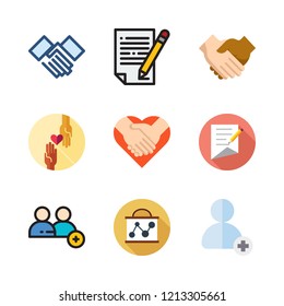 partnership icon set. vector set about add user, handshake, contract and presentation icons set.