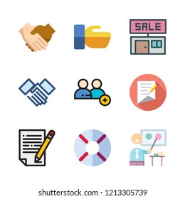 partnership icon set. vector set about hand shake, add user, sale id and contract icons set.