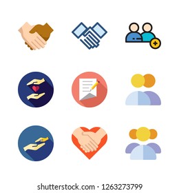 partnership icon set. vector set about contract, handshake, add user and charity icons set.