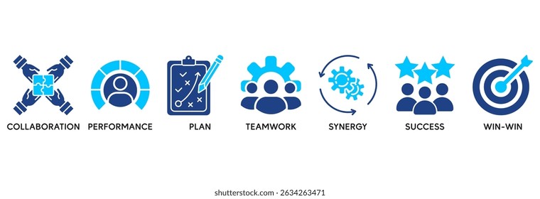 Partnerschaftssymbol-Set, Vektorgrafik-Konzept bezieht sich auf Zusammenarbeit, Leistung, Plan, Teamarbeit, Synergie, Erfolg und Win-Win-Lösung
