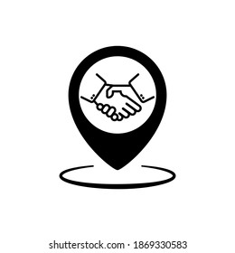 Partnership Icon, Success Deal, Handshake Map Pin Pointer Marker. Meeting Point Logo. Handshake Icon Inside A Geo Map Gps Pin Mark Symbol. Vector Illustration.
