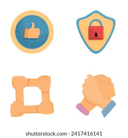 Los iconos de la asociación establecen el vector de dibujos animados. Proteja la imagen y el apretón de manos. Concepto de protección