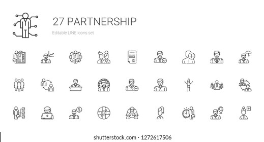 partnership icons set. Collection of partnership with employee, user, team, help, skills, man, teamwork, group, wedding contract, add user. Editable and scalable partnership icons.