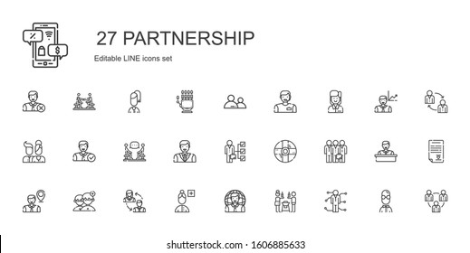 partnership icons set. Collection of partnership with skills, friends, user, add user, employees, people, employee, teamwork, help, man. Editable and scalable partnership icons.