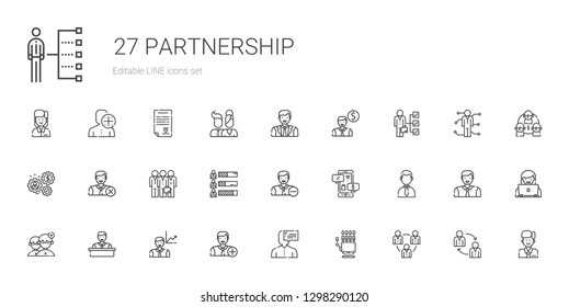 partnership icons set. Collection of partnership with teamwork, hand, user, add user, employee, people, businessman, negotiation, skills. Editable and scalable partnership icons.
