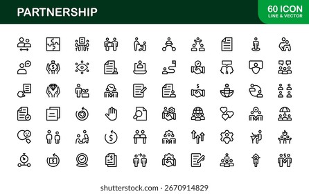 Conjunto de iconos de asociación: Colección de Vector de contorno lineal plano moderno con apretón de manos, trabajo en equipo, acuerdo comercial, colaboración, Acuerdo, contrato, paquete mínimo para Web, App e infografías