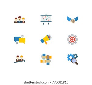 Partnership icons set with technical partnership, research and marketing. Set of partnership icons also including targeting sign for your web app logo UI design.
