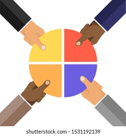 Partnership, interaction, teamwork, cooperation. Businessmen shake hands with each other. Tied hands. Hands smoothing the puzzle. Vector illustration of partnership concept in flat style.