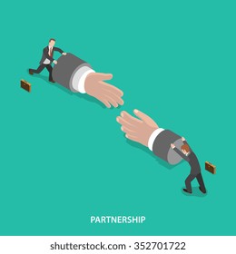 Partnership isometric flat vector concept. Two businessmen are pushing big hand figures to each other to shake hands. Make a deal, teamwork.