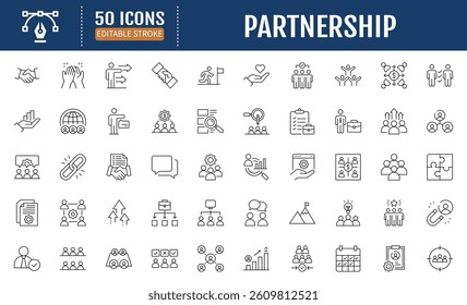Partnership line editable icons set. Containing teamwork, community, people, cooperation, organization, leadership, human resources. Vector Illustration