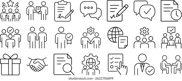 Partnership Line Editable Icons Set – Vector Illustration in Modern Thin Line Style Featuring Business Collaboration, Agreements, Conversations, and Documentation