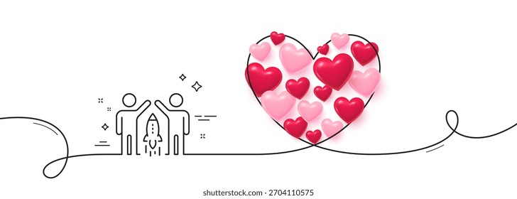 Partnership line icon. Continuous line big heart. Business management sign. Launch startup project symbol. 3d hearts in heart shaped loop. Partnership single line ribbon. Loop curve pattern. Vector