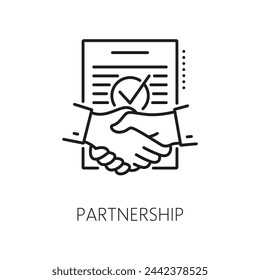 Partnership line icon. Isolated vector monochrome linear sign, depicting two hands in a handshake, symbolizing agreement, collaboration, trust, and mutual understanding in a minimalist outline design