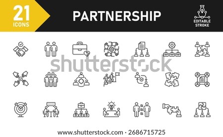 Partnership line icon set. Set of 21 outline icons related to partnership, teamwork, collaboration, community, cooperation, support, team and others. Editable stroke. Vector illustration.