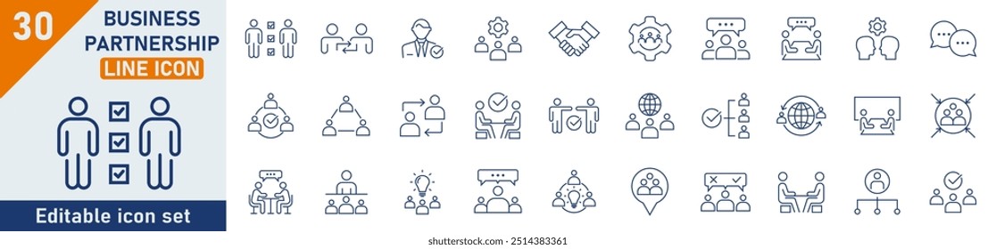 Ícone de linha de parceria definido. Conjunto de 30 ícones principais relacionados a parceria, acordo, trabalho em equipe, reunião, conversa e outros. Coleção de ícones de estrutura de tópicos de parceria comercial. Ilustração vetorial.