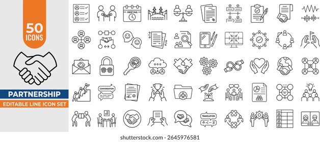 Conjunto de iconos de línea de asociación: iconos vectoriales de línea editables para colaboración empresarial, trabajo en equipo, Acuerdos y más. Trazo Editable. Ilustración vectorial