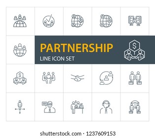 Conjunto de iconos de línea de asociación. Encuentro, acuerdo, compra.Concepto de negocio. Se puede utilizar para temas como negociaciones, redes, acuerdos