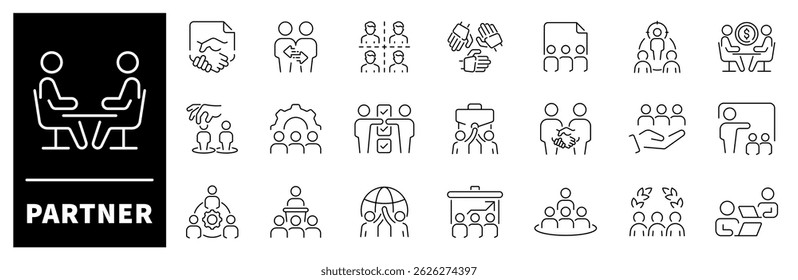 Conjunto de iconos de línea de asociación. Iconos de contorno de socio.  Acuerdo, cooperación, conversación, trabajo en equipo, iconos relacionados con la colaboración. Iconos del vector de la asociación