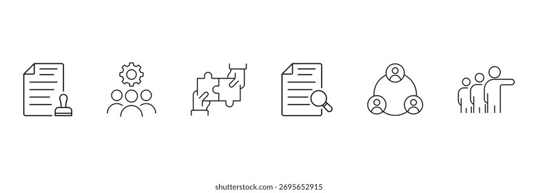 Conjunto de iconos de línea de asociación. Conjunto de iconos de línea de partes interesadas. Contiene negocios, colaboración, trabajo en equipo, administración, inversores, socios y más. Ilustración vectorial.