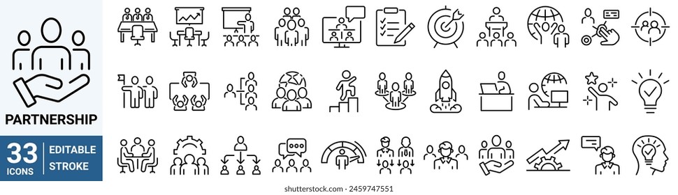 Websymbole der Partnerschaftslinie. Enthält Symbole wie Unternehmen, Vertrauen, Zusammenarbeit, Ziel, Teamarbeit, Freigabe, Leistung, Wissen und Planung Editable Stroke.