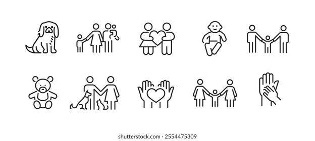 Partnership and Love icons. Set of 10 trendy minimal icons. Example: family, children, two people holding a heart together, representing love, partnership, and mutual support. Vector illustration.