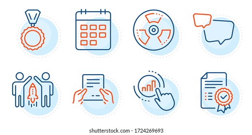 Partnership, Medal and Chemical hazard signs. Graph chart, Certificate and Receive file line icons set. Calendar, Speech bubble symbols. Get report, Verified document. Education set. Vector